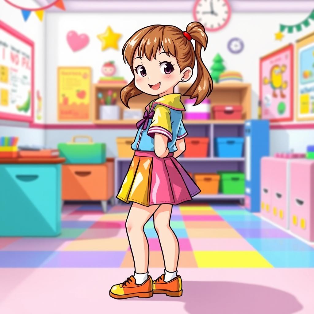 A playful and vibrant illustration of a preschool girl in a colorful latex uniform, featuring a latex mini skirt and a short-sleeved latex shirt