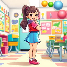 A playful and vibrant illustration of a preschool girl in a colorful latex uniform, featuring a latex mini skirt and a short-sleeved latex shirt