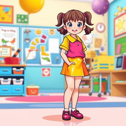 A playful and vibrant illustration of a preschool girl in a colorful latex uniform, featuring a latex mini skirt and a short-sleeved latex shirt
