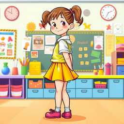 A colorful illustration of a preschool girl dressed in a playful latex uniform, featuring a bright mini skirt and a stylish latex shirt