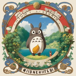 A superior, iconic logo designed in the unmistakable style of Studio Ghibli, rich and vibrant, with elements from the studio's acclaimed films