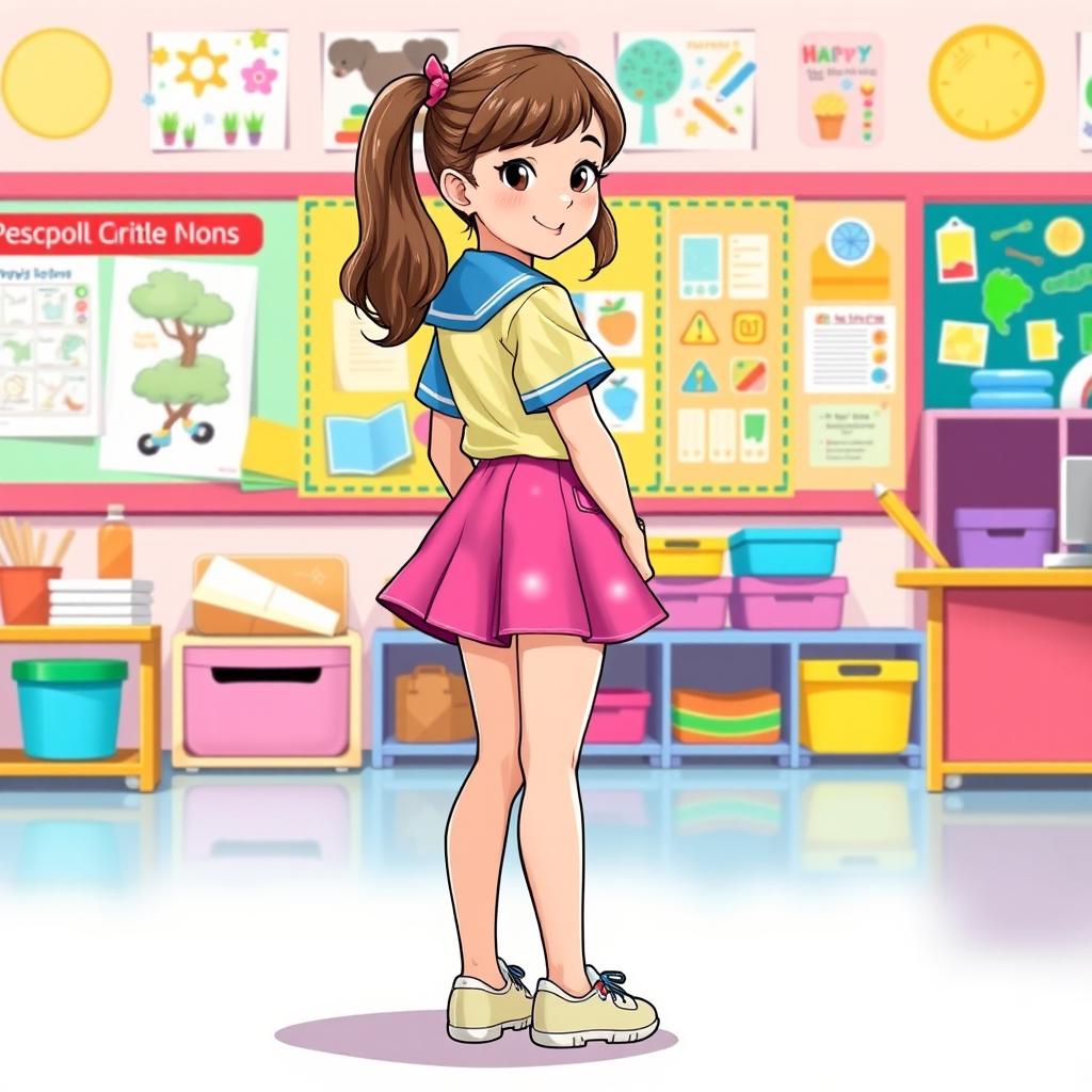 A colorful illustration of a preschool girl dressed in a playful latex uniform, featuring a bright mini skirt and a stylish latex shirt