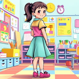 A colorful illustration of a preschool girl dressed in a playful latex uniform, featuring a bright mini skirt and a stylish latex shirt