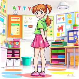 A colorful illustration of a preschool girl dressed in a playful latex uniform, featuring a bright mini skirt and a stylish latex shirt