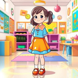 A charming illustration of a preschool girl in a playful latex school uniform, featuring a vibrant latex mini skirt and a matching latex shirt