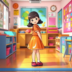 A charming illustration of a preschool girl in a playful latex school uniform, featuring a vibrant latex mini skirt and a matching latex shirt