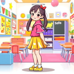 A charming illustration of a preschool girl in a playful latex school uniform, featuring a vibrant latex mini skirt and a matching latex shirt