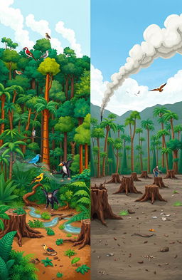 An educational illustration depicting the effects of deforestation, featuring a split scene: on one side, a lush, dense rainforest teeming with diverse flora and fauna, vibrant green trees and colorful wildlife, and on the other side, a barren landscape with stumps and dry soil, showcasing the stark contrast