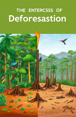 An educational illustration depicting the effects of deforestation, featuring a split scene: on one side, a lush, dense rainforest teeming with diverse flora and fauna, vibrant green trees and colorful wildlife, and on the other side, a barren landscape with stumps and dry soil, showcasing the stark contrast