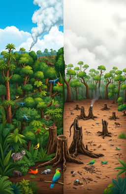 An educational illustration depicting the effects of deforestation, featuring a split scene: on one side, a lush, dense rainforest teeming with diverse flora and fauna, vibrant green trees and colorful wildlife, and on the other side, a barren landscape with stumps and dry soil, showcasing the stark contrast