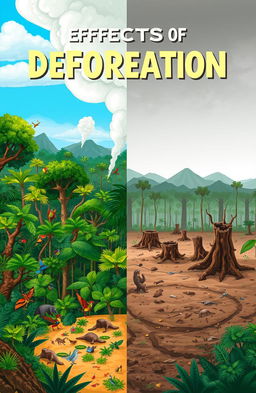 An educational illustration depicting the effects of deforestation, featuring a split scene: on one side, a lush, dense rainforest teeming with diverse flora and fauna, vibrant green trees and colorful wildlife, and on the other side, a barren landscape with stumps and dry soil, showcasing the stark contrast