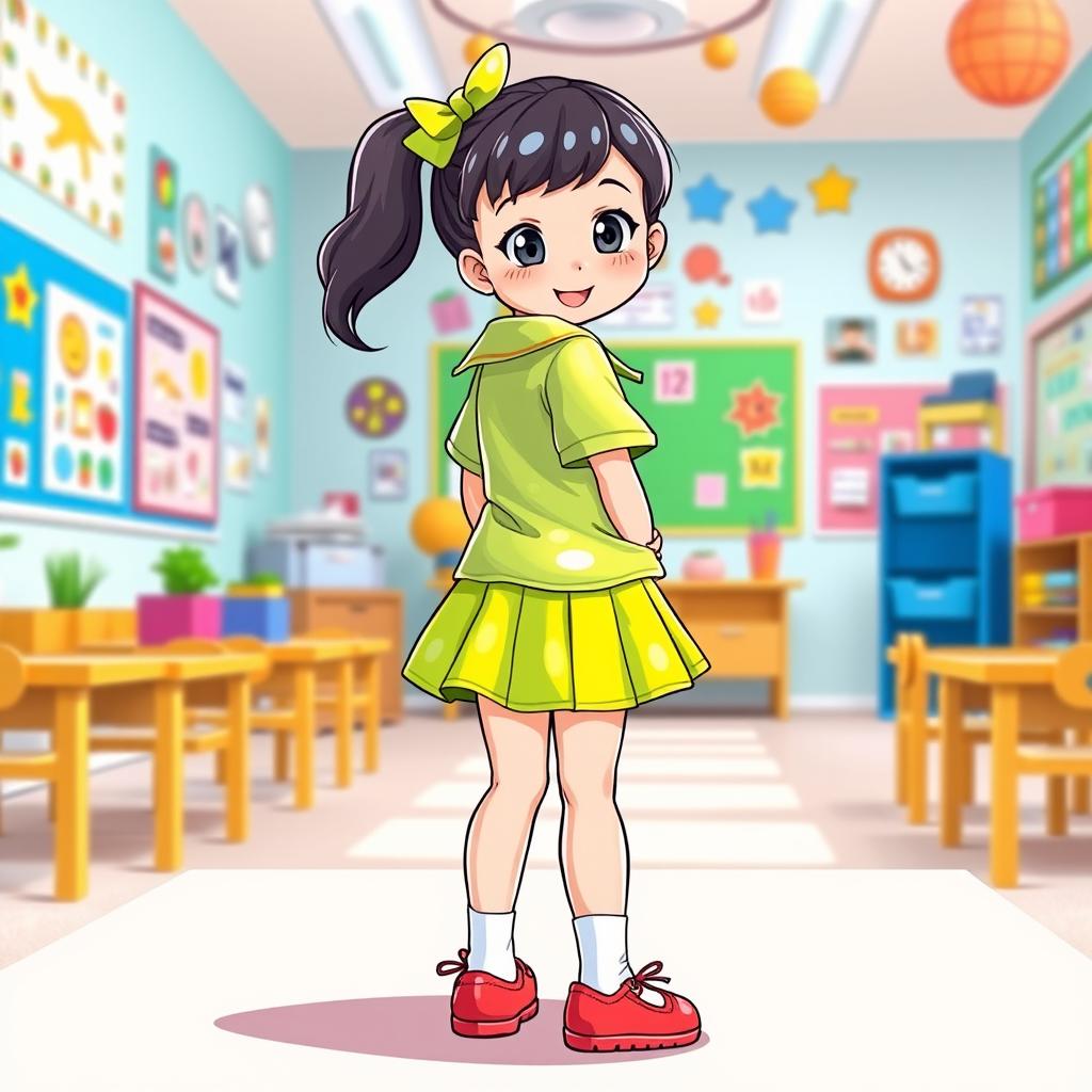 A vibrant illustration of a preschool girl in a fun latex school uniform, which includes a bright latex mini skirt and a matching latex shirt with playful details