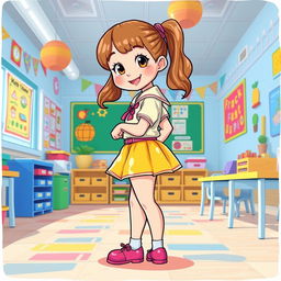 A vibrant illustration of a preschool girl in a fun latex school uniform, which includes a bright latex mini skirt and a matching latex shirt with playful details