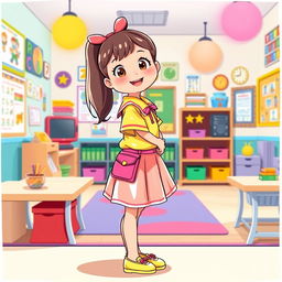 A vibrant illustration of a preschool girl in a fun latex school uniform, which includes a bright latex mini skirt and a matching latex shirt with playful details