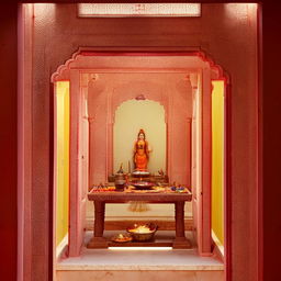 A tranquil Pooja room design located in the north-east, incorporating traditional Indian spiritual elements