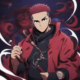 A high-quality digital art image showcasing rapper Drake as a character from the anime Jujutsu Kaisen, complete with the traditional uniform, a stern expression, and a cursed tool in hand