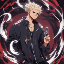 A high-quality digital art image showcasing rapper Drake as a character from the anime Jujutsu Kaisen, complete with the traditional uniform, a stern expression, and a cursed tool in hand