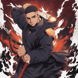 A high-quality digital art image showcasing rapper Drake as a character from the anime Jujutsu Kaisen, complete with the traditional uniform, a stern expression, and a cursed tool in hand