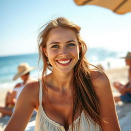 A 39-year-old woman with Celtic features, characterized by chestnut brown hair and bright blue eyes, enjoying her vacation