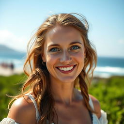 A 39-year-old woman with Celtic features, characterized by chestnut brown hair and bright blue eyes, enjoying her vacation