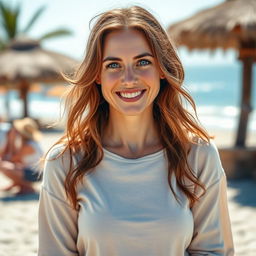 A 39-year-old woman with Celtic features, characterized by chestnut brown hair and bright blue eyes, enjoying her vacation