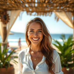 A 39-year-old woman with Celtic features, characterized by chestnut brown hair and bright blue eyes, enjoying her vacation