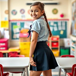 A young girl dressed in a stylish and colorful school uniform, including a mini skirt and a fitted shirt, standing confidently in a classroom setting