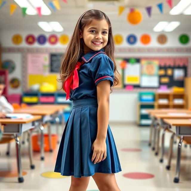 A young girl dressed in a stylish and colorful school uniform, including a mini skirt and a fitted shirt, standing confidently in a classroom setting