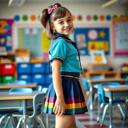 A young girl dressed in a stylish and colorful school uniform, including a mini skirt and a fitted shirt, standing confidently in a classroom setting