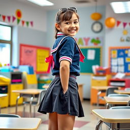 A young girl dressed in a stylish and colorful school uniform, including a mini skirt and a fitted shirt, standing confidently in a classroom setting