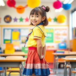 A young girl dressed in a colorful and playful school uniform, featuring a mini skirt and a fitted shirt