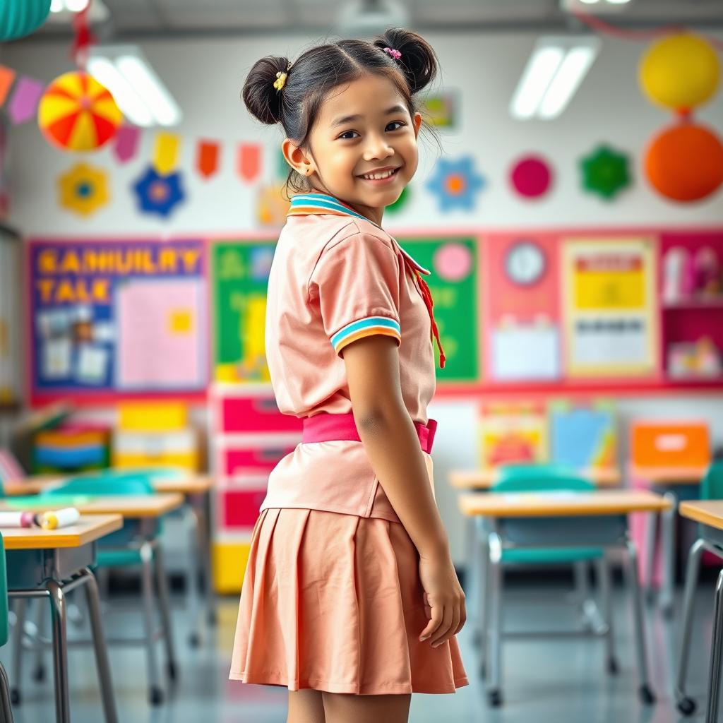 A young girl dressed in a colorful and playful school uniform, featuring a mini skirt and a fitted shirt