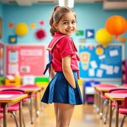 A young girl dressed in a colorful and playful school uniform, featuring a mini skirt and a fitted shirt