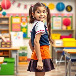 A young girl dressed in a colorful and playful school uniform, featuring a mini skirt and a fitted shirt