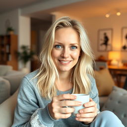 A 35-year-old woman with Scandinavian features, characterized by light blonde hair and bright blue eyes, sitting comfortably in a cozy home environment