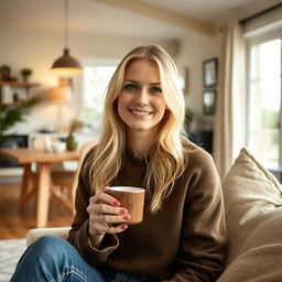 A 35-year-old woman with Scandinavian features, characterized by light blonde hair and bright blue eyes, sitting comfortably in a cozy home environment