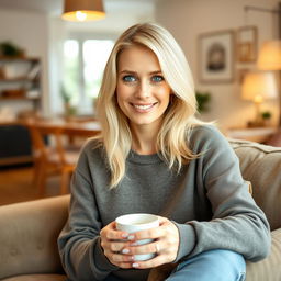 A 35-year-old woman with Scandinavian features, characterized by light blonde hair and bright blue eyes, sitting comfortably in a cozy home environment