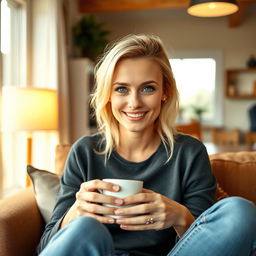 A 35-year-old woman with Scandinavian features, characterized by light blonde hair and bright blue eyes, sitting comfortably in a cozy home environment