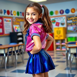 A young girl wearing a shiny and colorful school uniform, featuring a mini skirt and a fitted shirt, standing confidently in a classroom setting