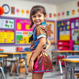 A young girl wearing a shiny and colorful school uniform, featuring a mini skirt and a fitted shirt, standing confidently in a classroom setting