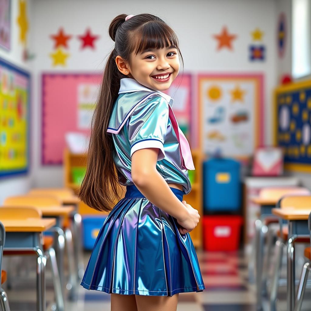 A young girl wearing a shiny and colorful school uniform, featuring a mini skirt and a fitted shirt, standing confidently in a classroom setting