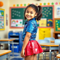 A young girl wearing a shiny and colorful school uniform, featuring a mini skirt and a fitted shirt, standing confidently in a classroom setting