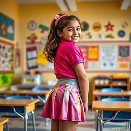 A young girl in a colorful and shiny school uniform, featuring a mini skirt and a fitted shirt