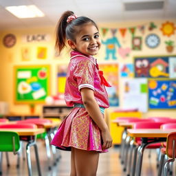 A young girl in a colorful and shiny school uniform, featuring a mini skirt and a fitted shirt