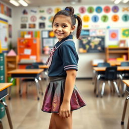 A young girl in a colorful and shiny school uniform, featuring a mini skirt and a fitted shirt