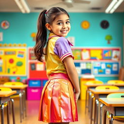 A young girl in a colorful and shiny school uniform, featuring a mini skirt and a fitted shirt