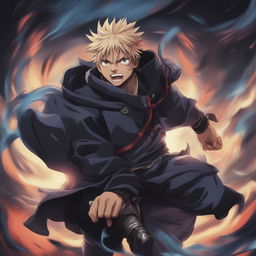 A high-quality digital art image that portrays rapper Juice WRLD as a character from the anime Jujutsu Kaisen, complete with the traditional uniform, an intense expression, and a cursed tool