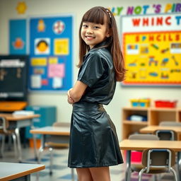 A young girl in a shiny black school uniform that includes a mini skirt and a fitted shirt, standing confidently in a classroom