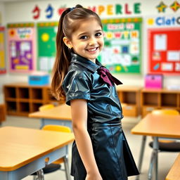 A young girl in a shiny black school uniform that includes a mini skirt and a fitted shirt, standing confidently in a classroom
