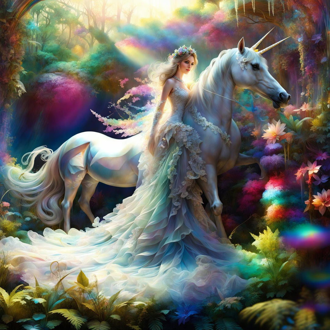 A high-quality digital art image depicting a radiant bride in an elegant wedding gown, riding a majestic unicorn with a pastel-hued coat and rainbow mane in an enchanting forest